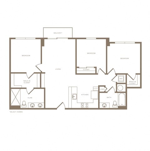 Floor plan for 3 beds, 2 baths, 1309 sqft